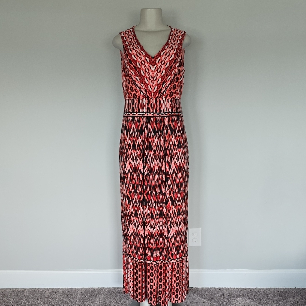 London Times red/black/coral fancy print sleeveless maxi dress-12